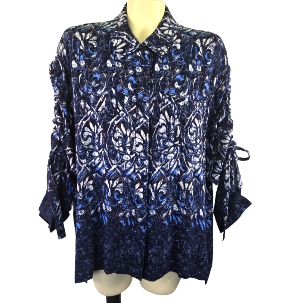 DKNY New Abstract Button Up Blouse Cinched Sleeves  Flowy Rayon Navy White Large